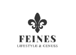 Ein schwarzes Liliensymbol über den Wörtern FEINES in Fettdruck und LIFESTYLE & GENUSS in kleinerer Schrift, alles auf weißem Hintergrund.