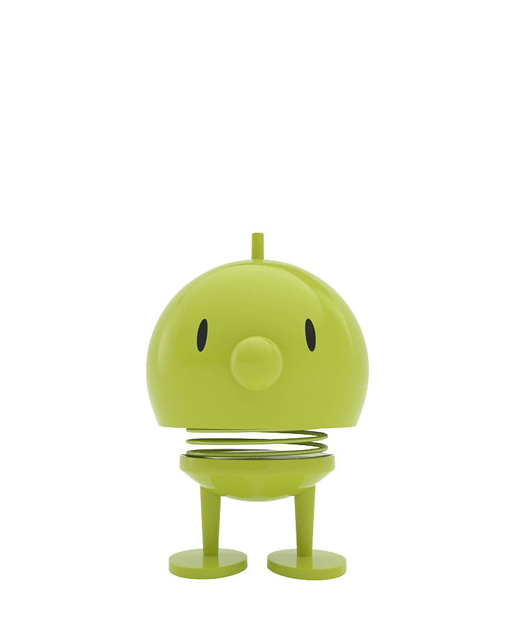 Der Hoptimist Bumble Medium Lime von Hoptimist ist eine kleine, hellgrüne Figur mit einem großen Kopf, einer schnabelförmigen Nase und schwarzen ovalen Augen auf einem federnden Hals – bereit, Freude und ein Lächeln in Ihren Tag zu bringen.
