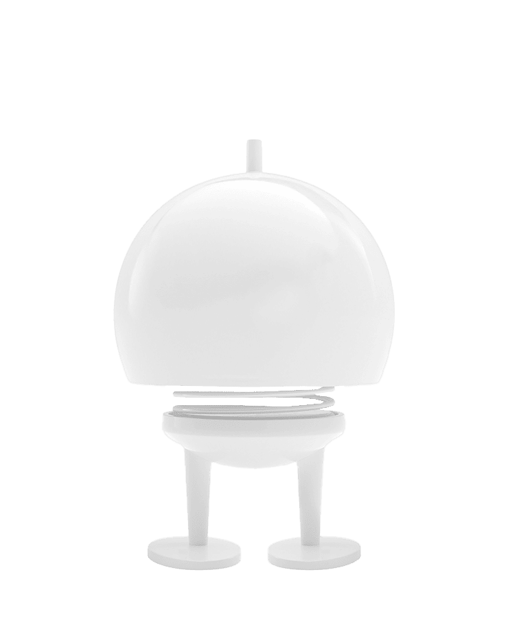 Der Hoptimist Bumble Large White von Hoptimist verfügt über ein weißes, kuppelförmiges Design mit einem kleinen oberen Knopf, zwei flachen Beinen und einer runden Basis und ähnelt einem minimalistischen Roboter oder Spielzeug mit einem optimistischen und modernen Stil.