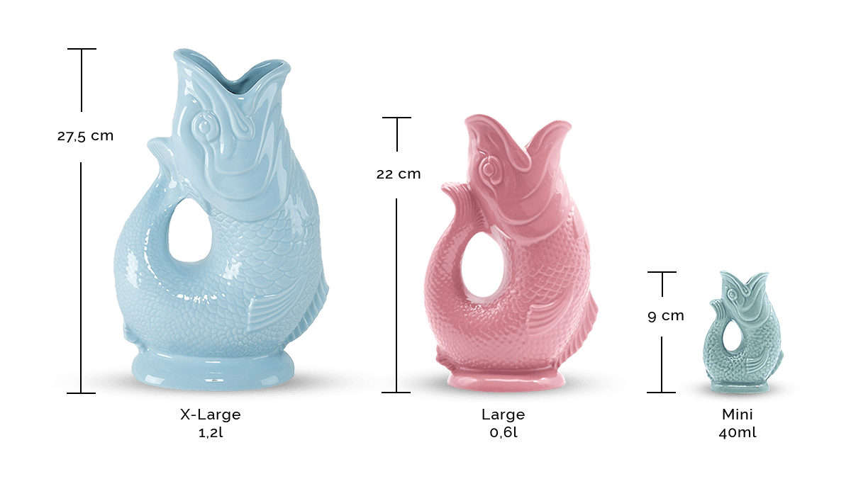 Drei fischförmige Krüge in unterschiedlichen Größen und Farben: ein großer blauer (27,5 cm, 1,2 l), ein mittelgroßer rosa (22 cm, 0,6 l) und ein kleiner grüner (9 cm, 40 ml), jeweils mit Größenangabe und Maßangabe.