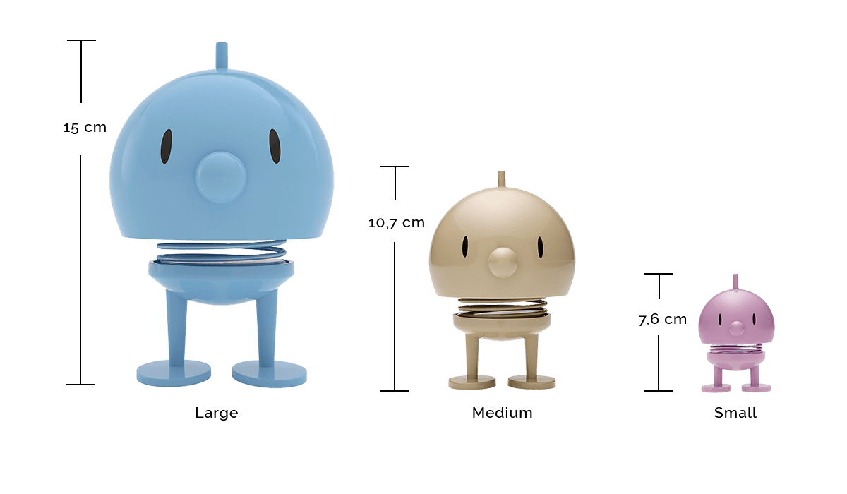 Drei runde, cartoonartige Figuren in Blau, Beige und Pink, beschriftet mit groß (15 cm), mittel (10,7 cm) und klein (7,6 cm), jeweils mit Federkörper, ovalen Augen und auf zwei Beinen stehend.