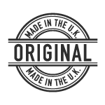 Ein runder schwarzer Stempel mit den Worten „MADE IN THE U.K.“ oben und unten und „ORIGINAL“ in großen Buchstaben in der Mitte.