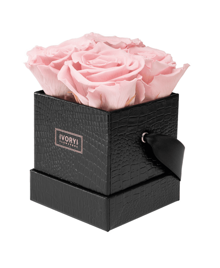 Die Ivoryi Flowerbox Small Black Blush Rose von Ivoryi & Friends besteht aus einer schwarzen strukturierten Box mit einem Bandgriff, in der mehrere große hellrosa konservierte Rosen arrangiert und mit der Aufschrift „IVORY!“ aufbewahrt werden.