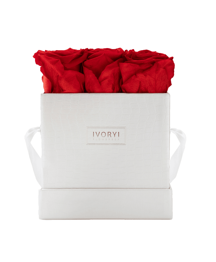 Die Ivoryi Flowerbox Medium Perlmutt Romantic Red von Ivoryi & Friends ist eine handgefertigte weiße Strukturbox mit einem Bandgriff, leuchtend roten konservierten Rosen und einem Etikett auf der Vorderseite mit der Aufschrift „IVORY“. Hergestellt in Deutschland.