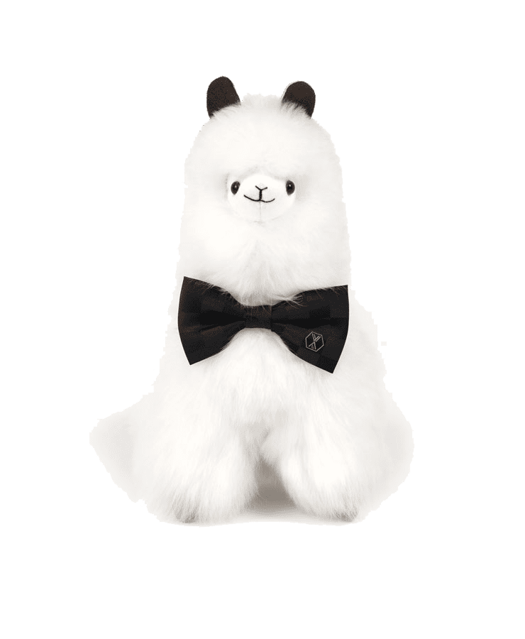 Das Alpaka Stofftier PACO Pearl White von Weich Couture Alpaka ist ein flauschiges weißes Plüschlama mit kleinen schwarzen Ohren, schwarzen Knopfaugen, einem aufgenähten Lächeln und einer großen schwarzen Fliege um den Hals, das aufrecht vor einem weißen Hintergrund sitzt.